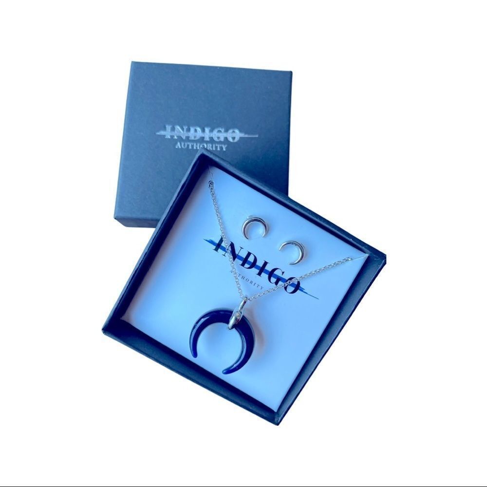 Indigo Authority Crescent Moon Necklace & Earrings - New in Box